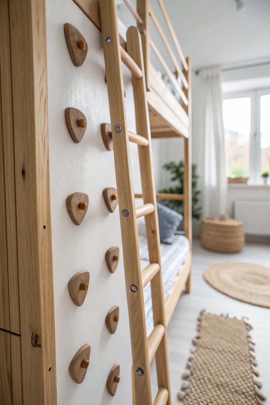 Small-space wow: sleek oak climbing holds turn a bunk ladder into an instant adventure feature.