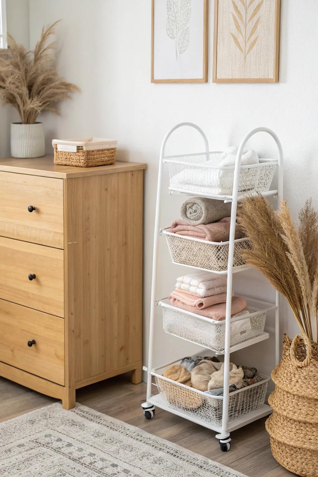 Slim rolling cart = vertical bra storage that fits beside a dresser in the tiniest room.