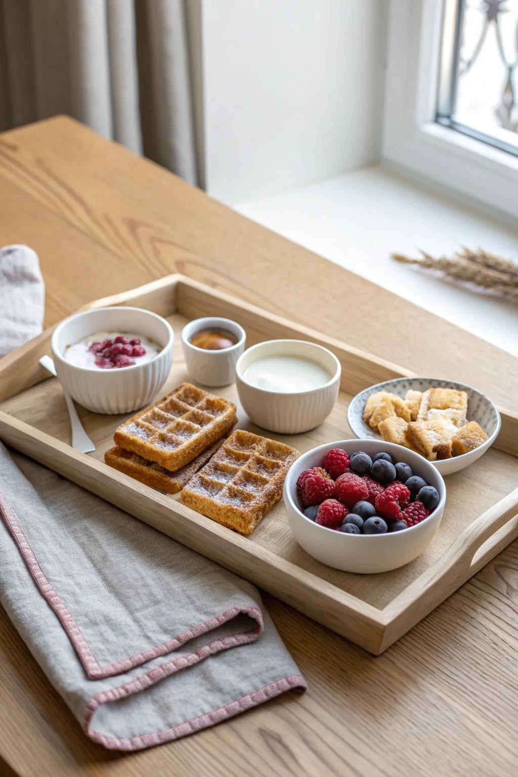 Kid-friendly dipper breakfast tray: toast sticks, mini waffles, and three simple dips.
