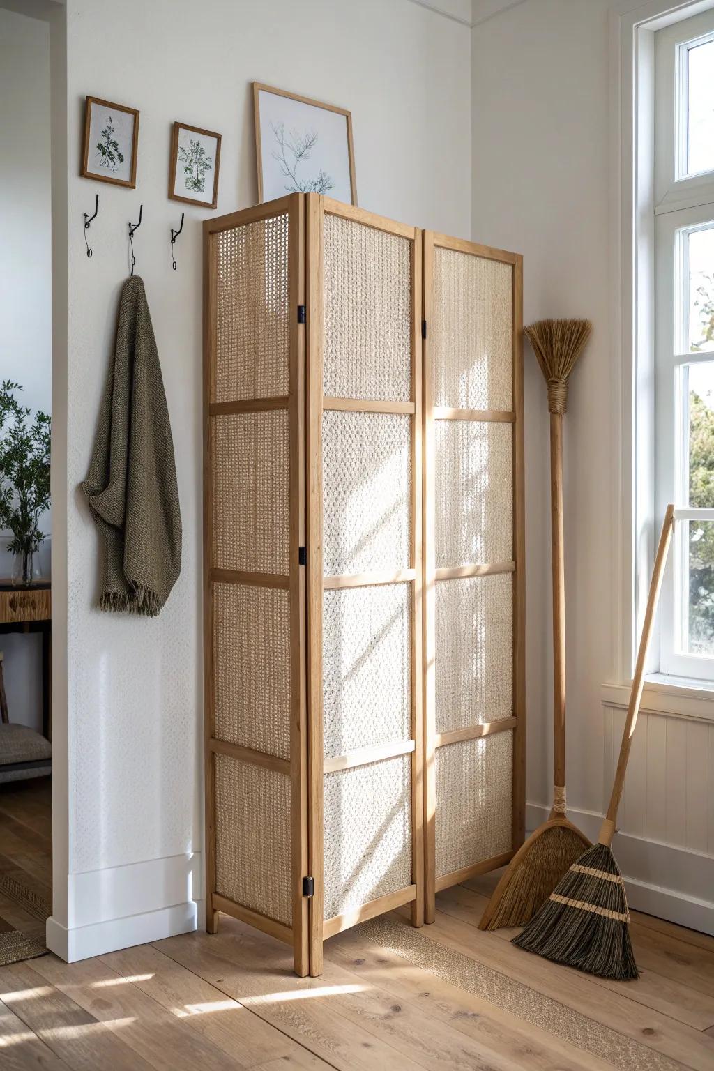 A woven folding screen hides broom and mop storage—turning a tiny corner into a decorative cleaning nook.