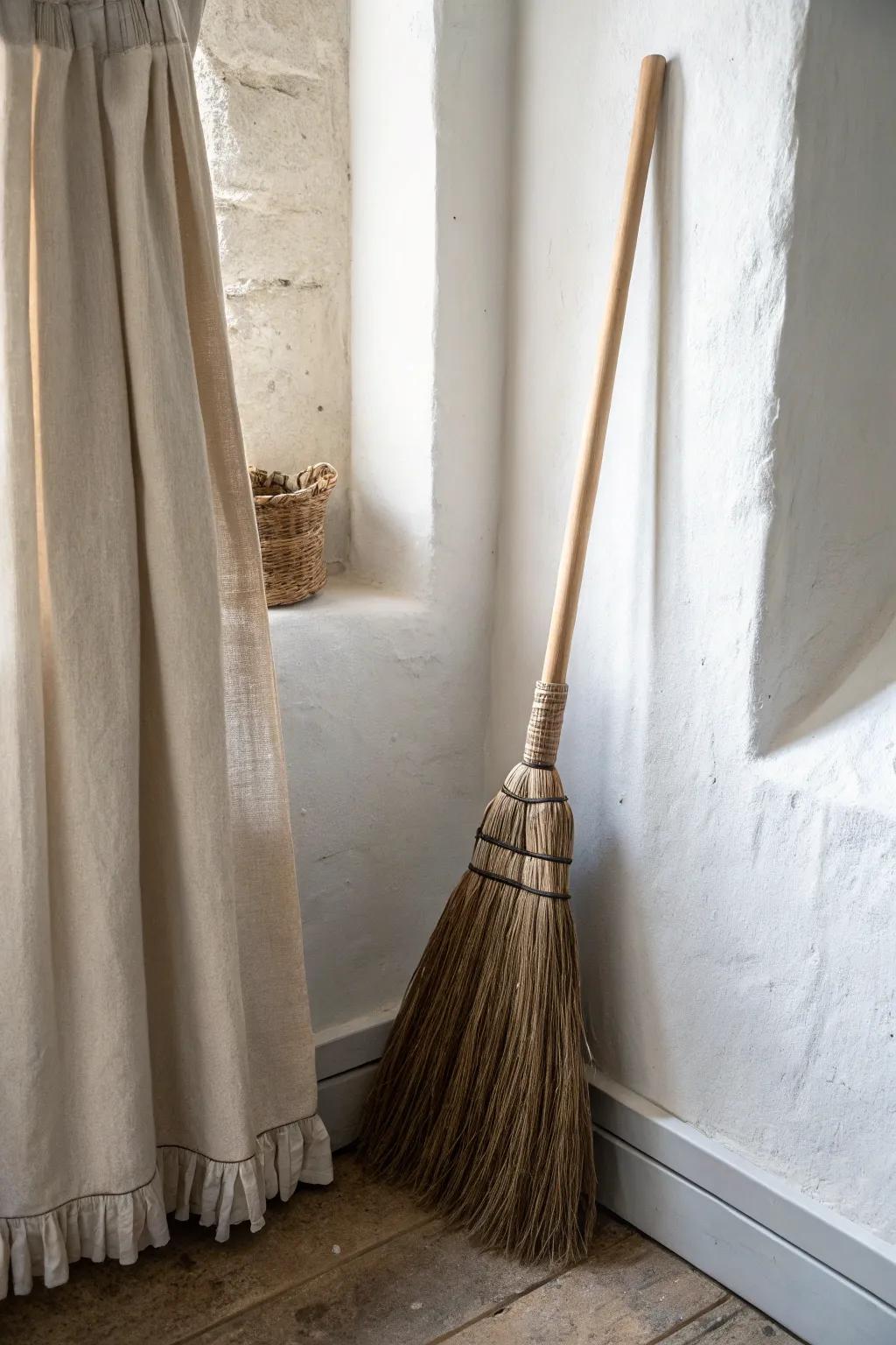 Hide the broom in a recessed nook—soft linen curtain keeps small spaces serene and tidy.