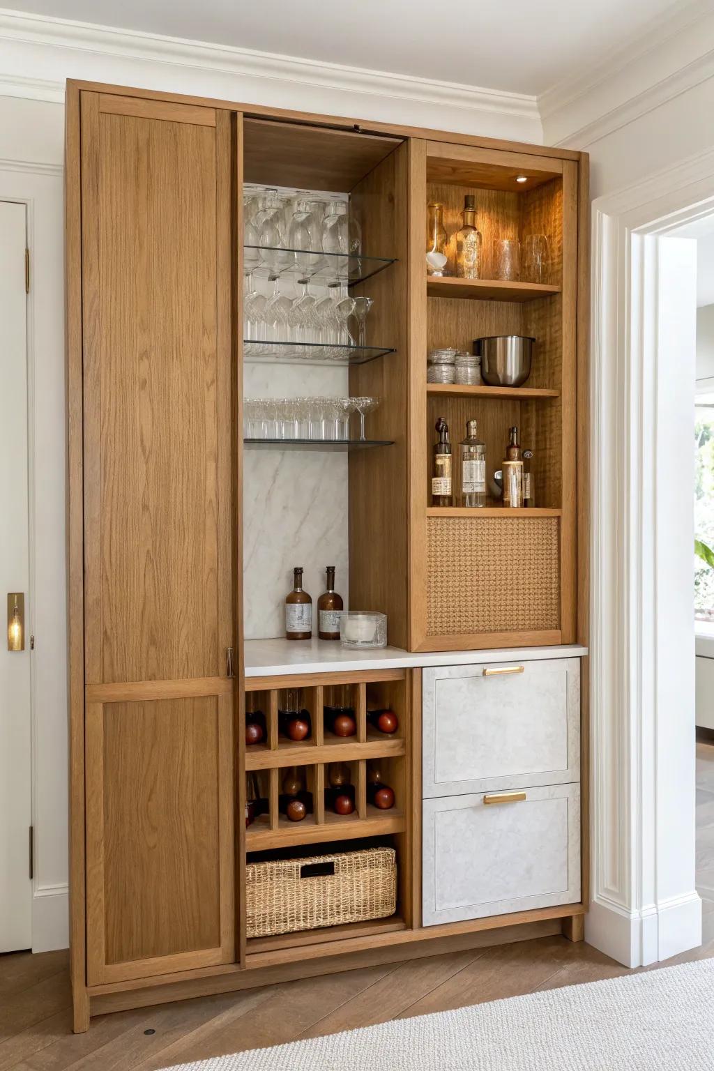 A hidden built-in bar cabinet that looks like storage—then opens into a warm oak mini bar.