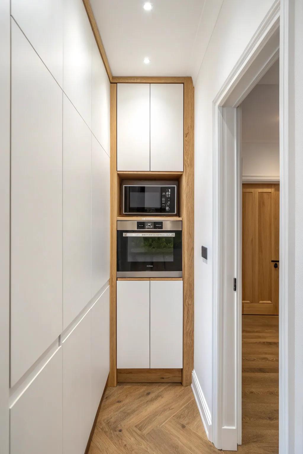 A slim built-in microwave cabinet in the hallway wall keeps the kitchenette clean and open.