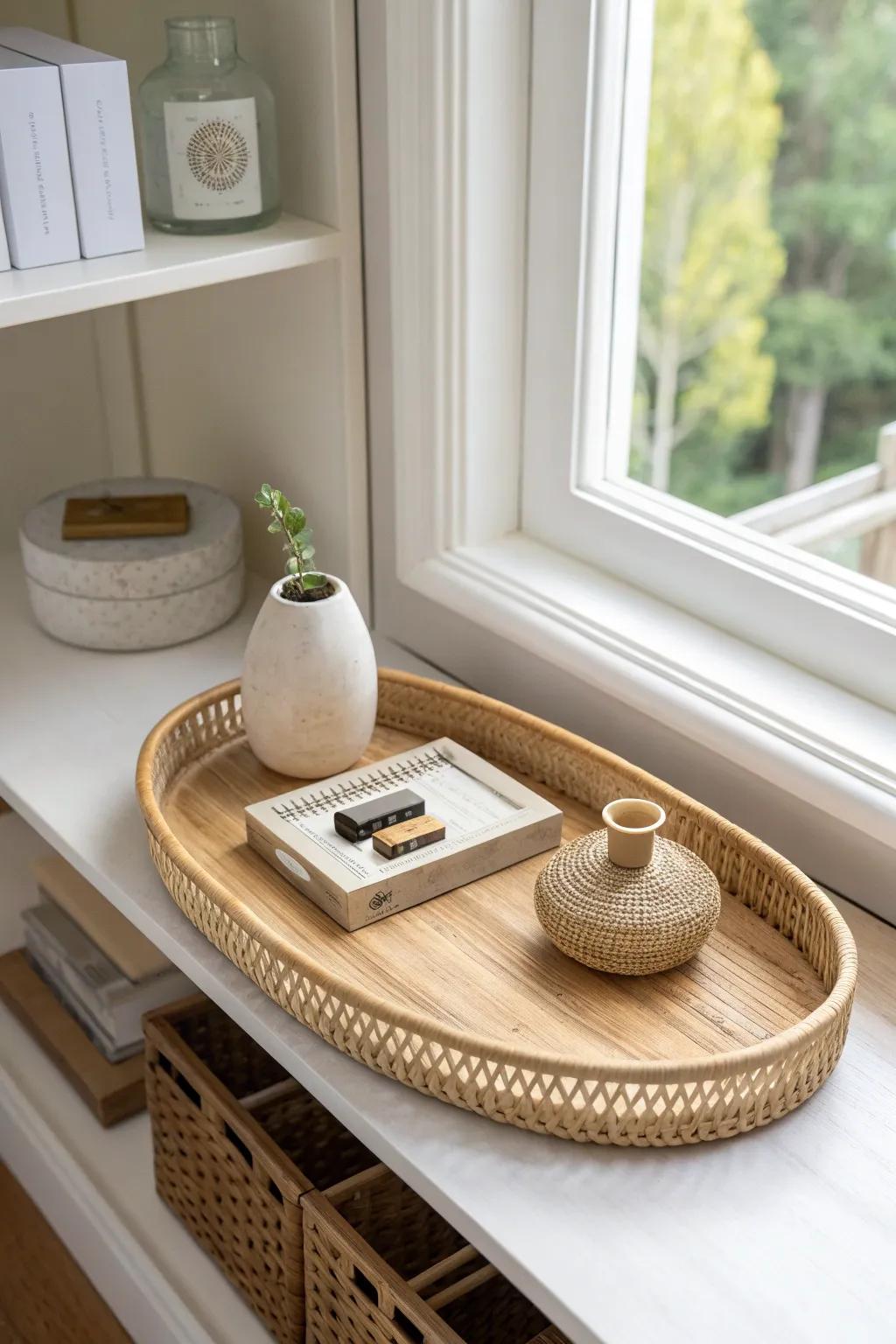 A simple tray corrals tiny shelf decor into one polished, organized little vignette.