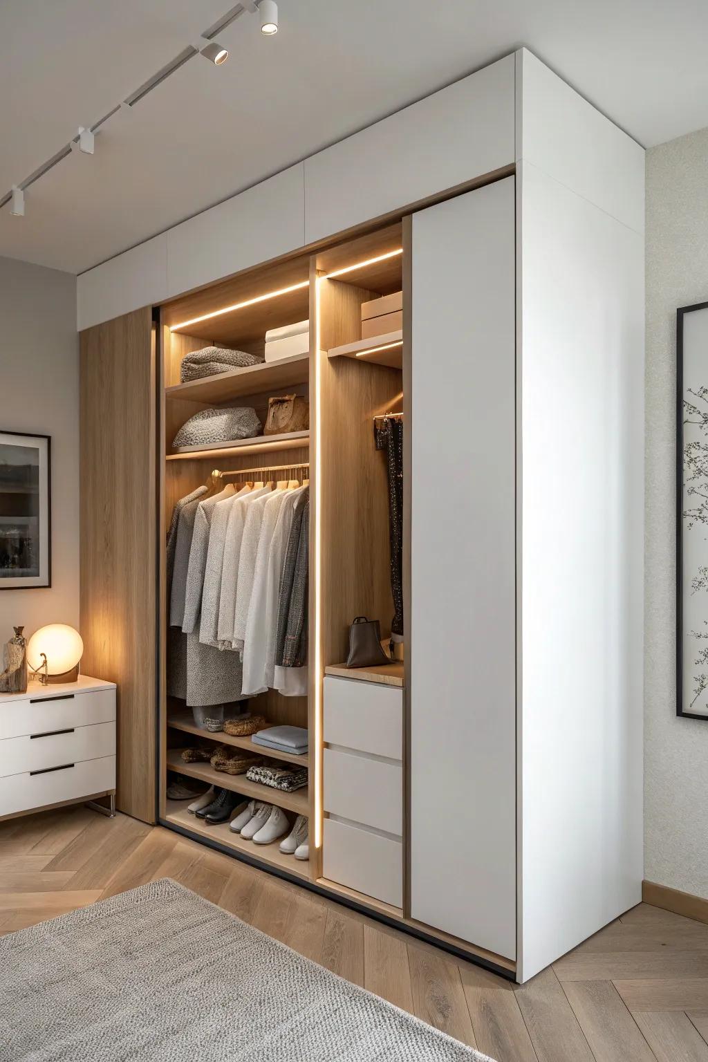 Built-in wardrobe with warm LED strips—instant boutique feel and easy outfit picking.