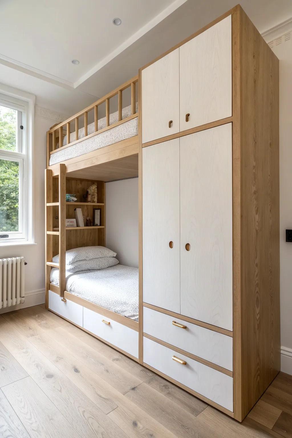 Fold-up panel bunks that look like sleek built-ins by day—perfect for calm small spaces.