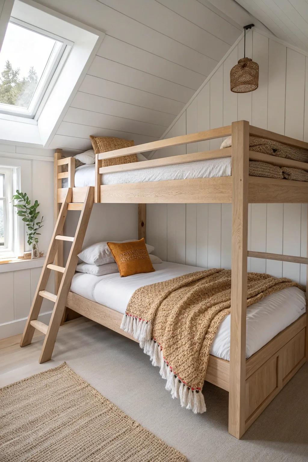 A crafted oak bunk under a sloped attic ceiling—turning awkward angles into cozy sleep space.