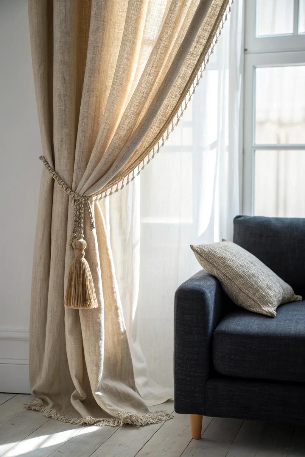 A simple linen curtain behind the sofa creates an instant calming corner—no extra space needed.