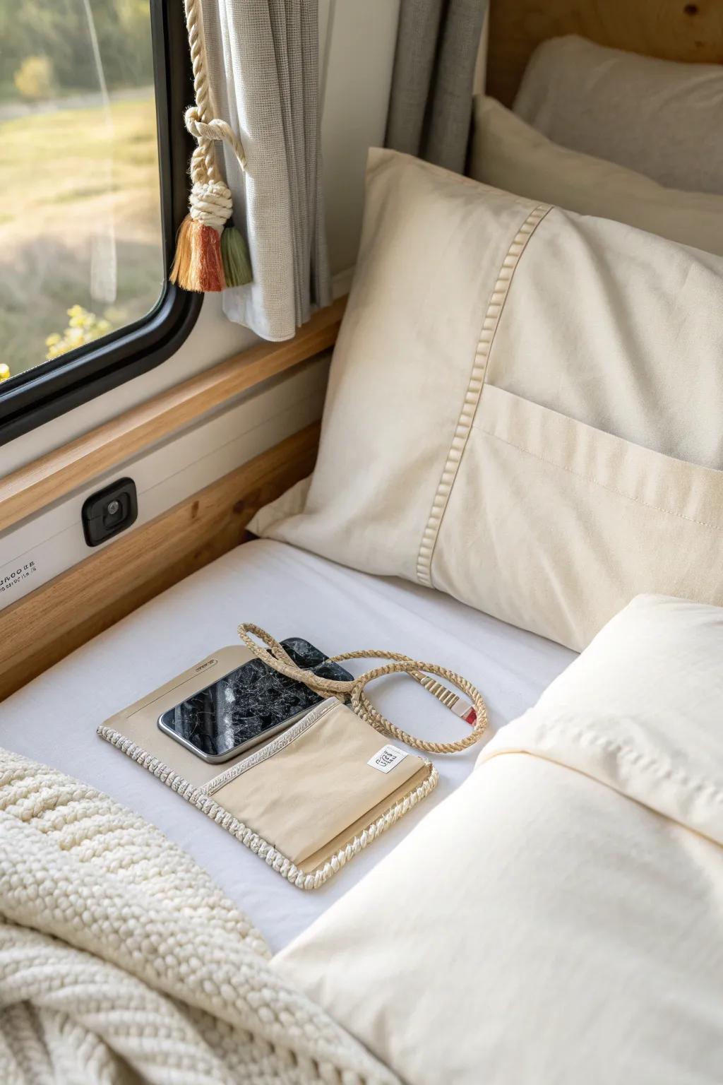 Sew a slim bedside pocket into camper bedding—no more lost phone, book, or charger.