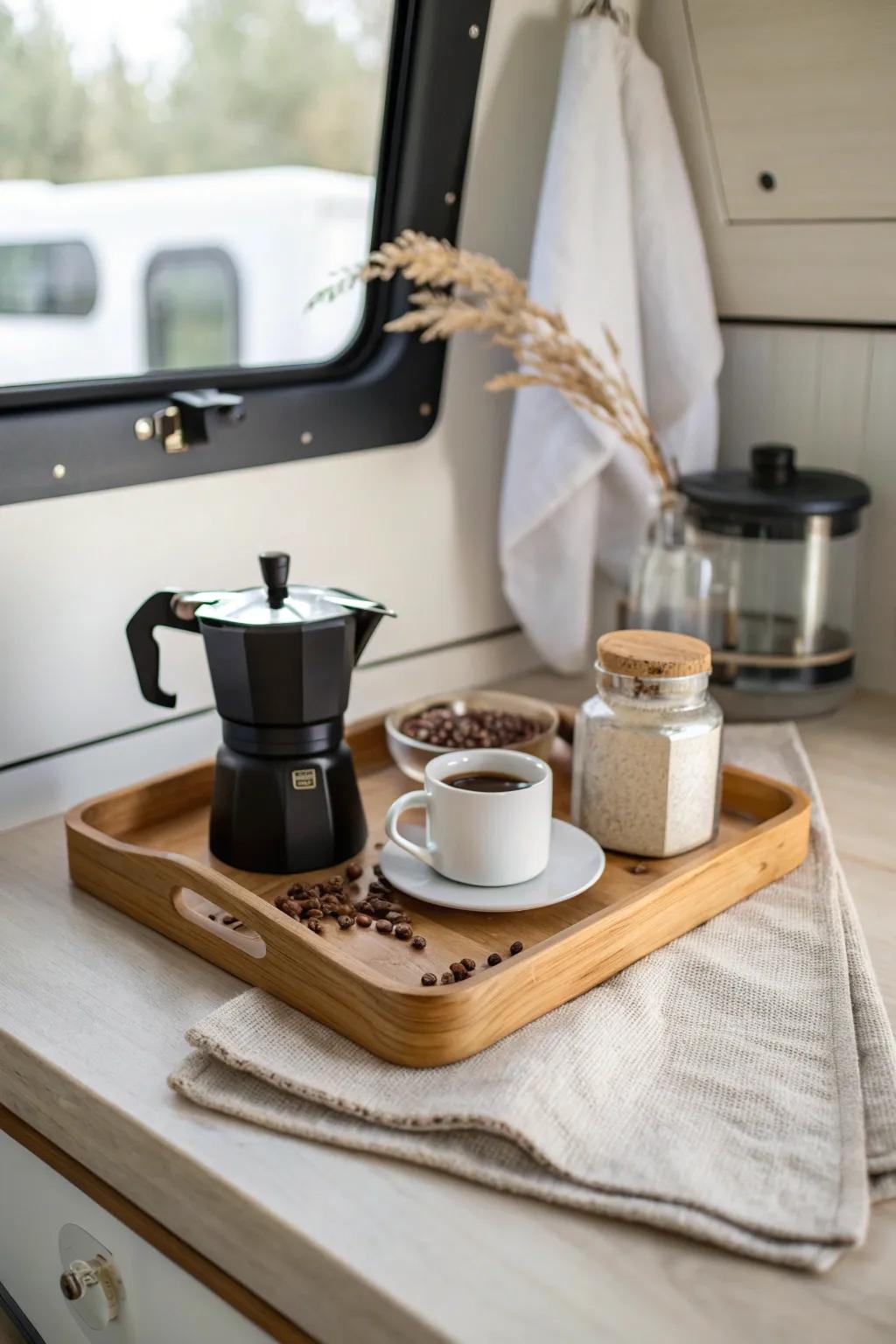 A tiny tray coffee nook that makes camper mornings feel calm, cute, and easy to stow.