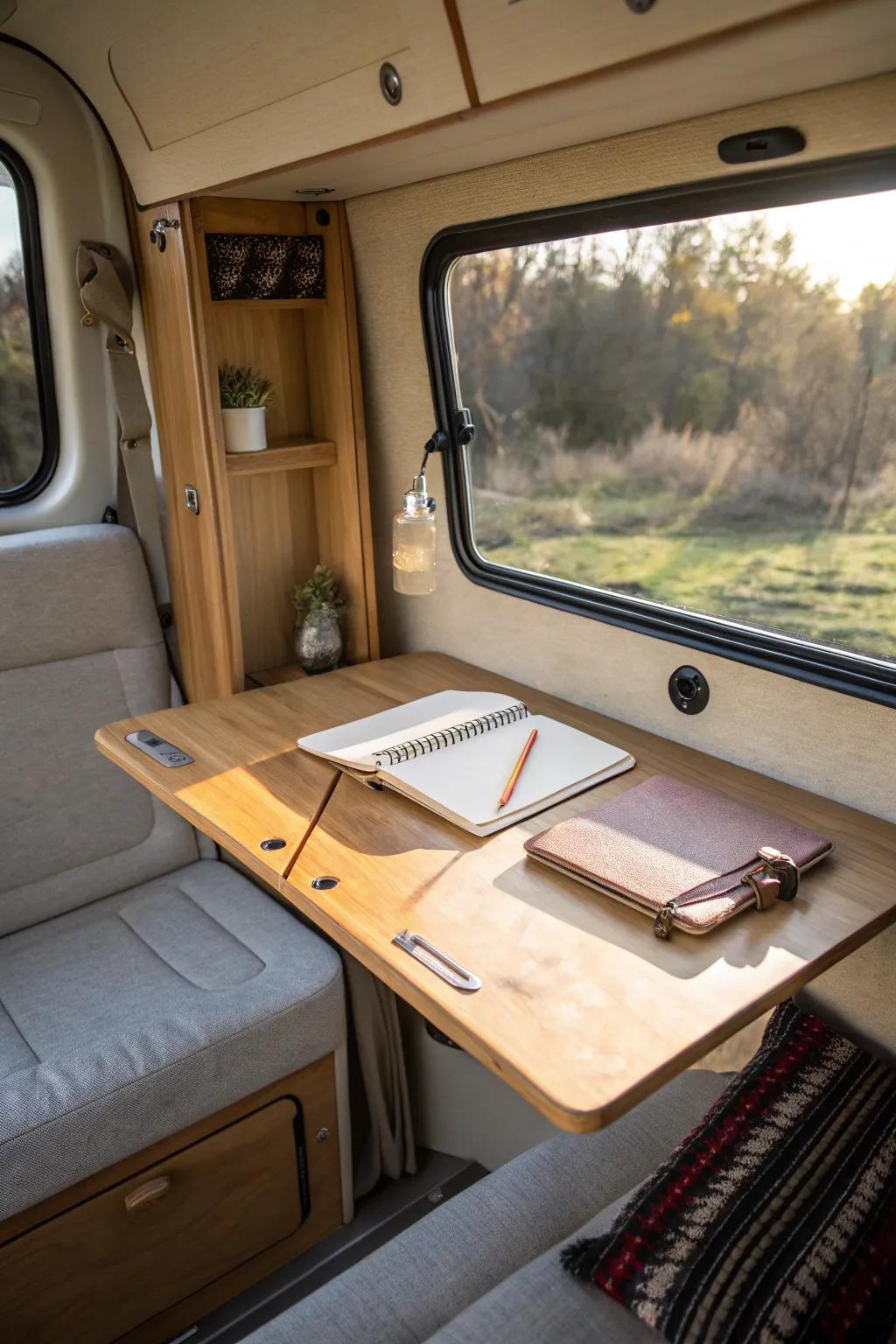 A fold-down desk turns your camper shell into a cozy, rain-day work nook in seconds.