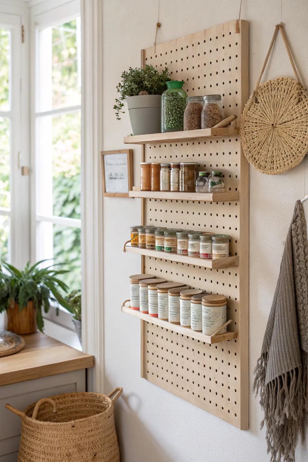 A chic pegboard can wall: color-sorted labels, airy spacing, and handcrafted calm.