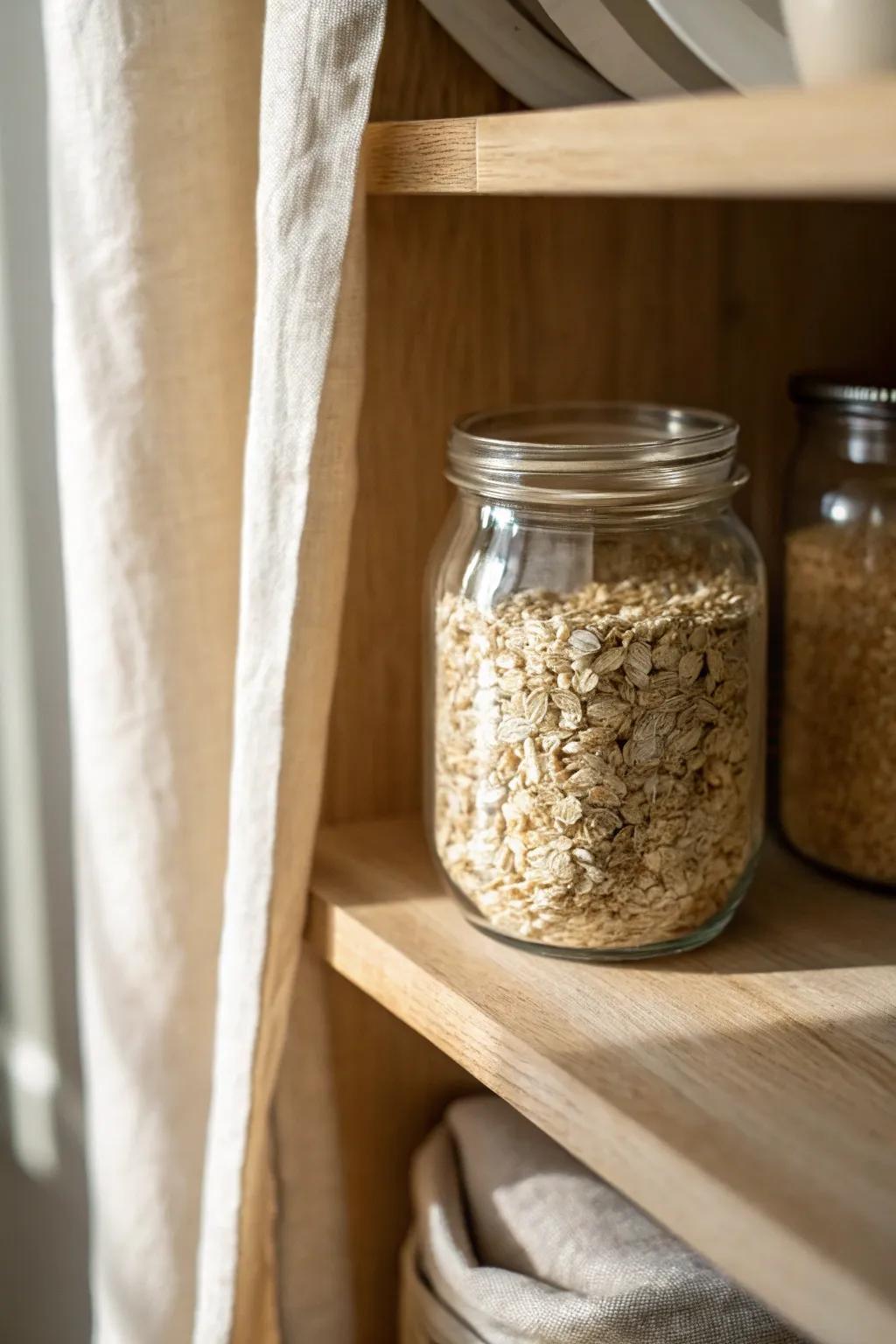 A hidden hall-closet pantry: canning jars stay cool and shaded behind a simple linen curtain.