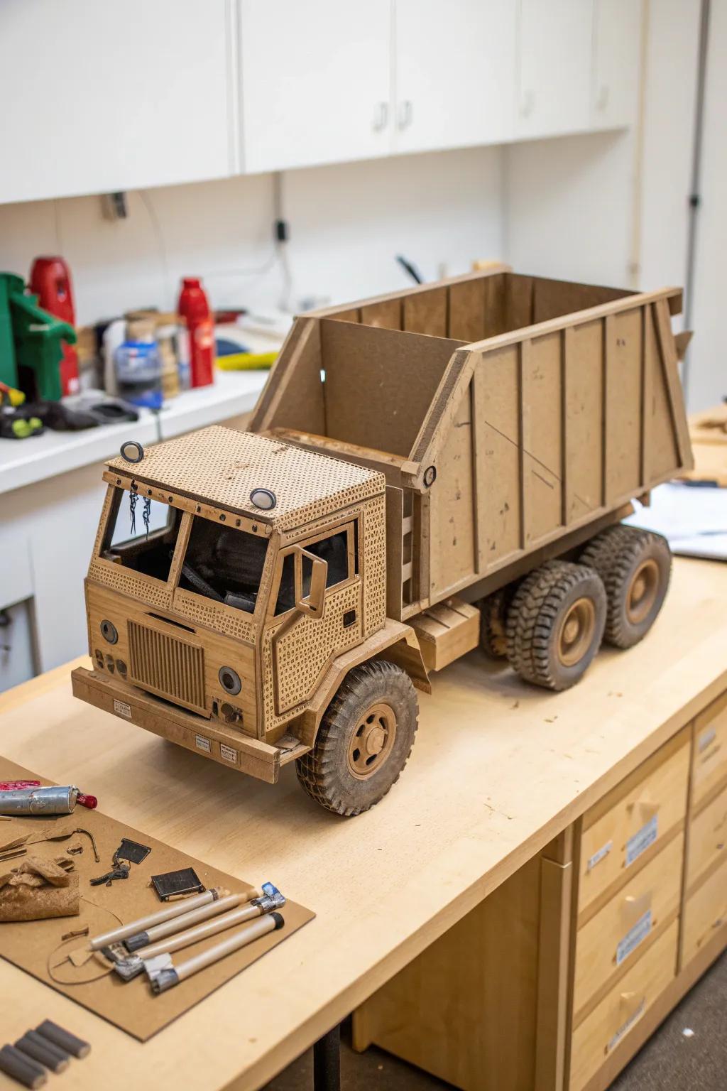 Discover the art of crafting with this detailed cardboard garbage truck, perfect for teaching tidiness through creativity.