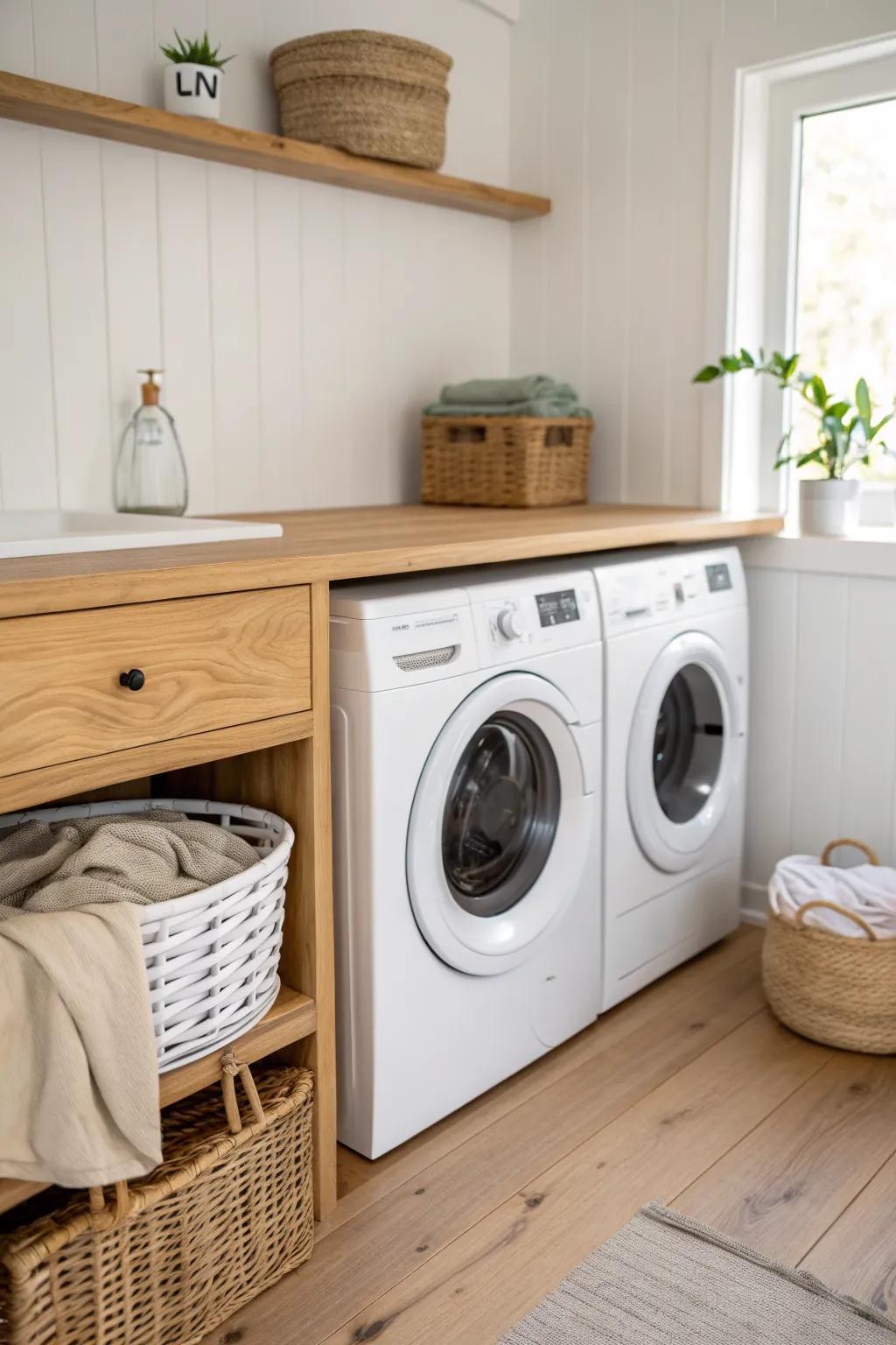 Laundry nook changing counter: a slim oak top over the machines + baskets for grab‑and‑go care.