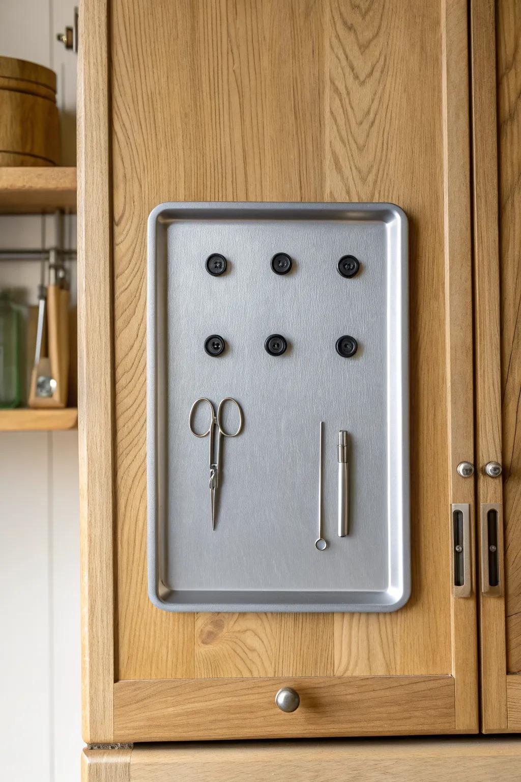 DIY magnet board: a thrifted baking sheet keeps tiny tools tidy inside any small cabinet.