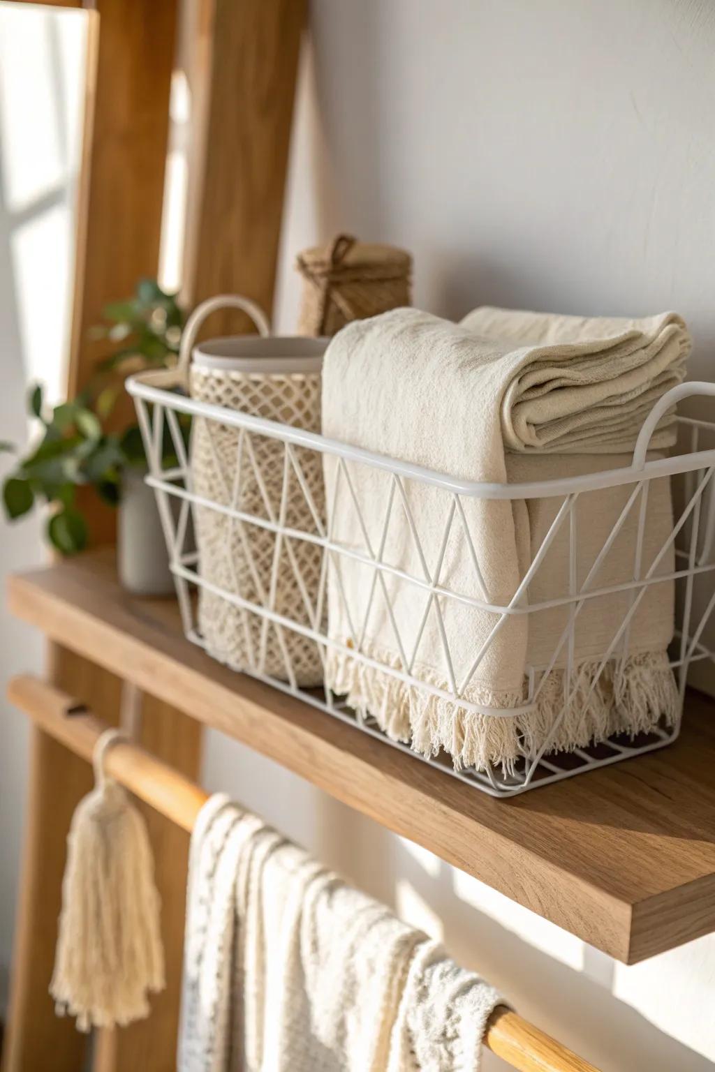 A simple wire basket clipped under a shelf adds instant, cheap “bonus drawer” storage.