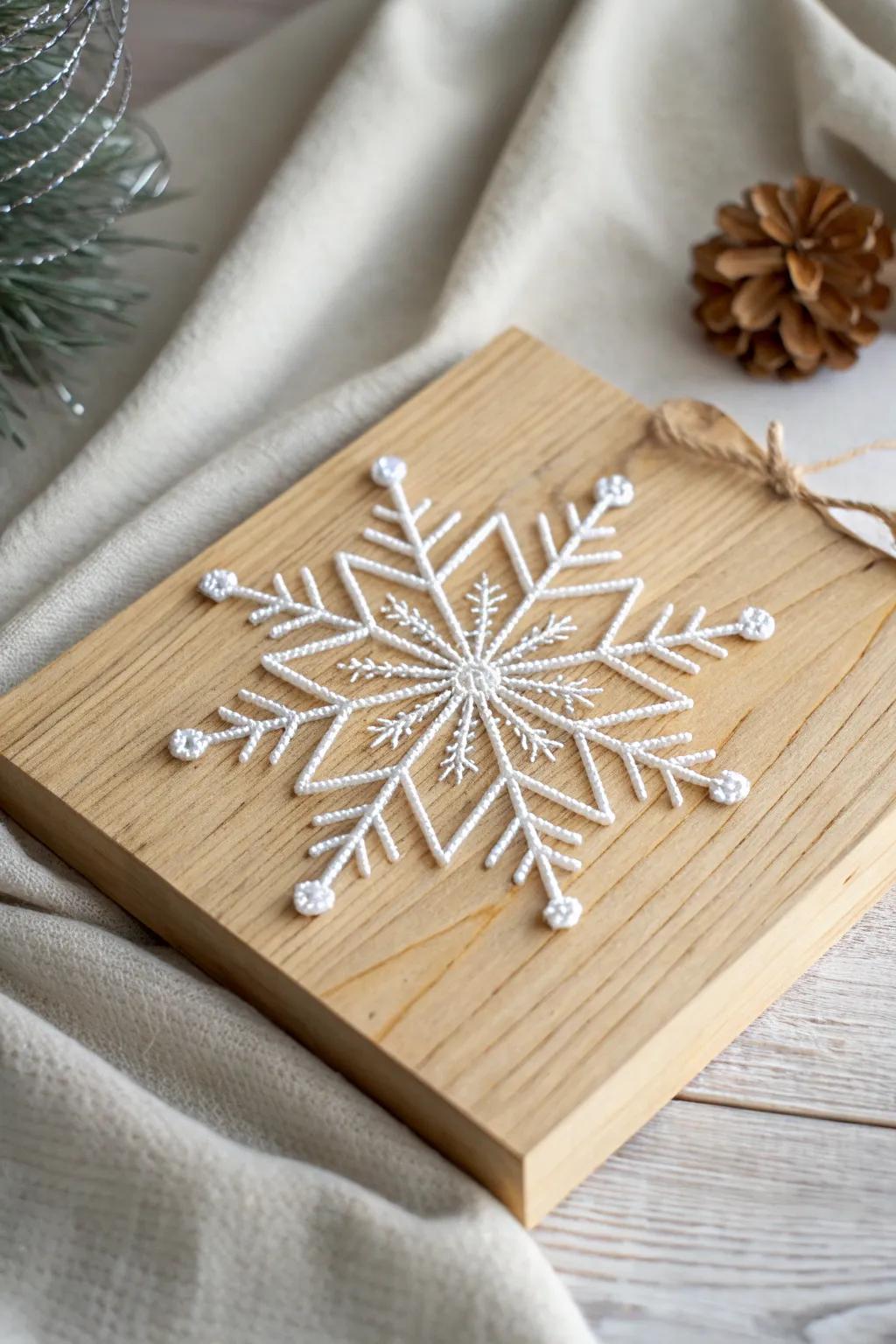 Capture the essence of winter with this elegant snowflake string art—perfect for adding a touch of natural beauty to your holiday decor.