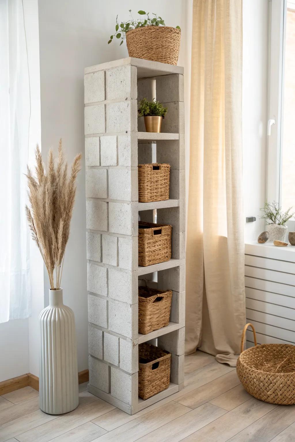 Cinder block divider shelf that separates a studio while adding airy, basket-filled storage.