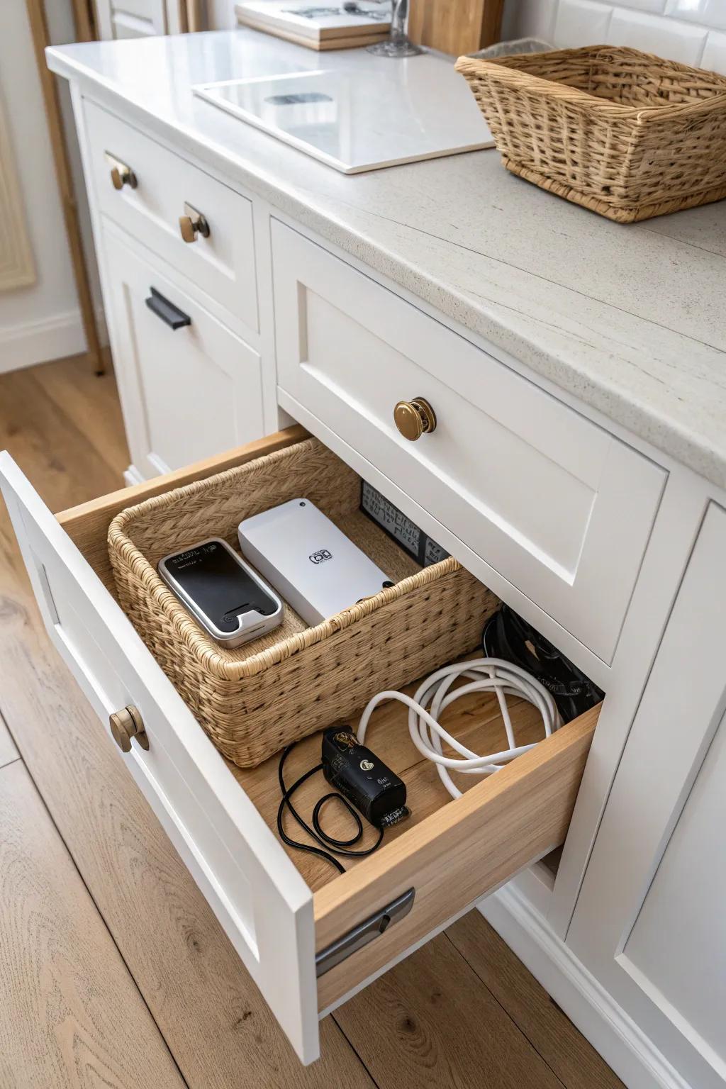 A hidden charging drawer keeps small utility rooms sleek—no cords on counters, ever.