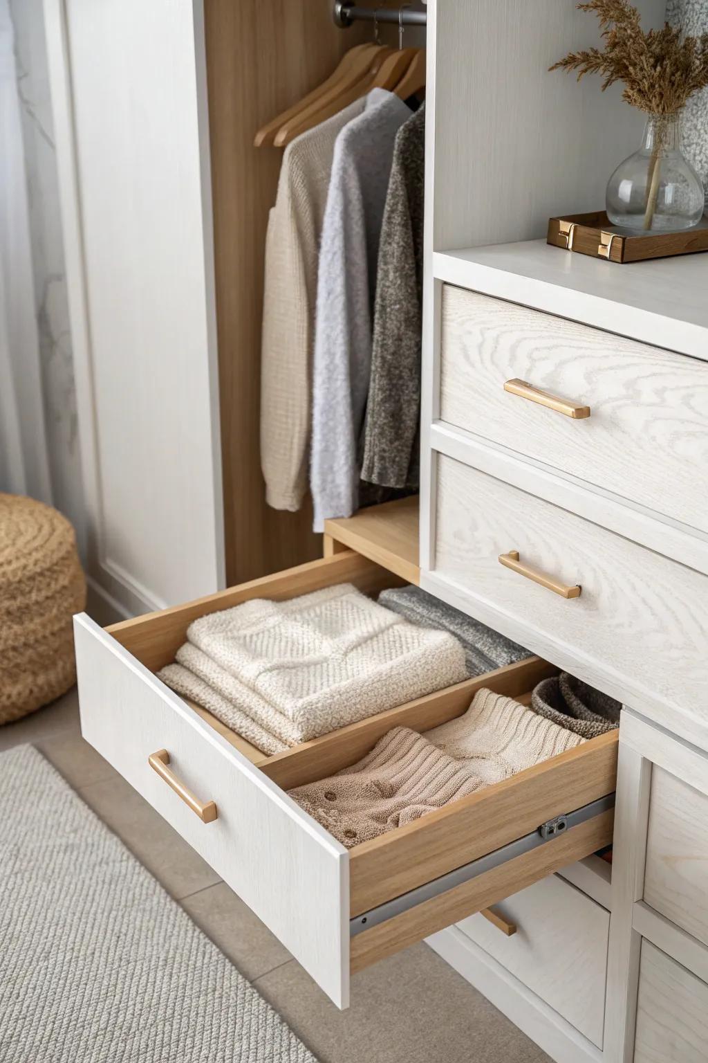 Wedge-shaped pull-out drawers turn awkward closet corners into sleek, usable storage.