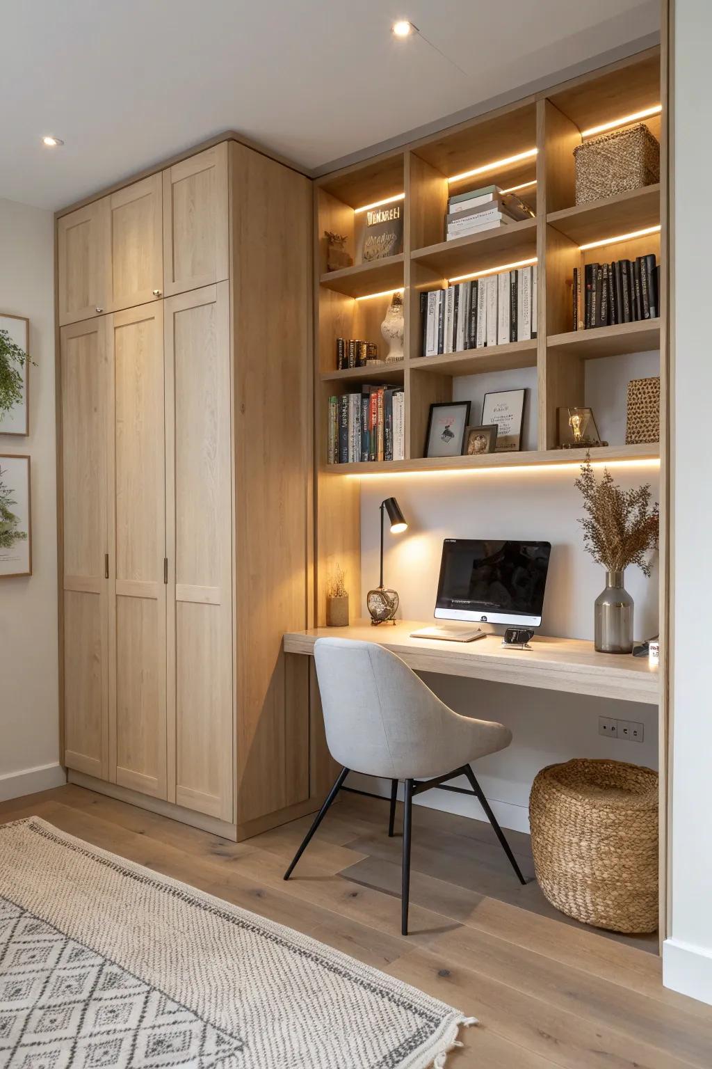 A closet desk turned into a hidden library office—warm light, bookshelves, and calm focus.