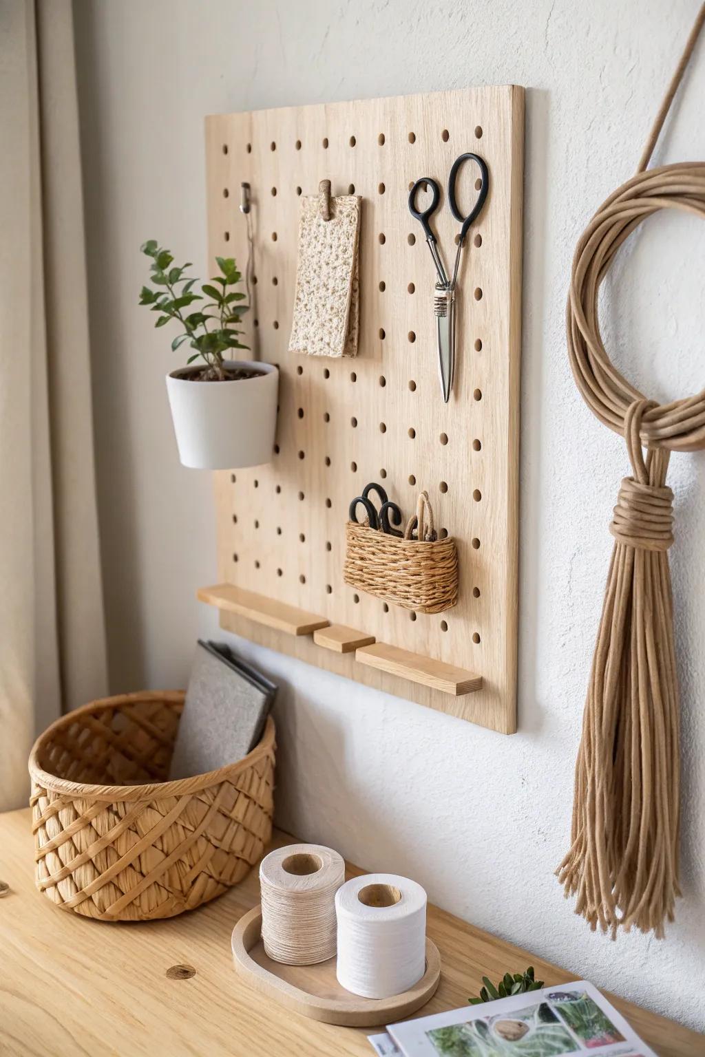 A slim oak pegboard side wall keeps closet-office tools visible, tidy, and beautifully minimal.