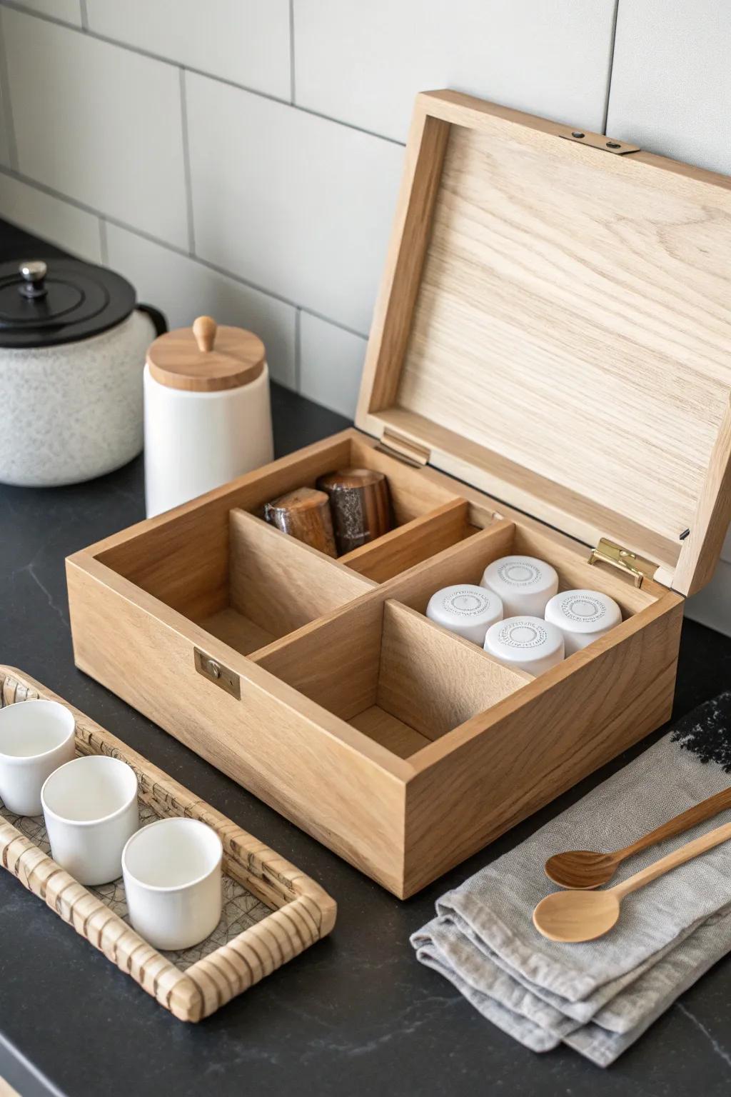 Coffee bar in a box: one lidded organizer holds everything, opens fast, then stores away neatly.