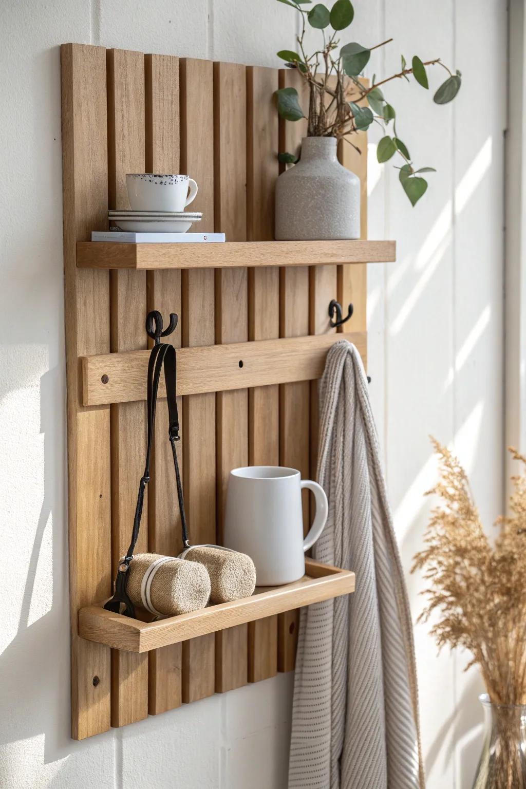 Slat wall coffee corner: modular shelves and hooks for a boutique look in a tiny nook.