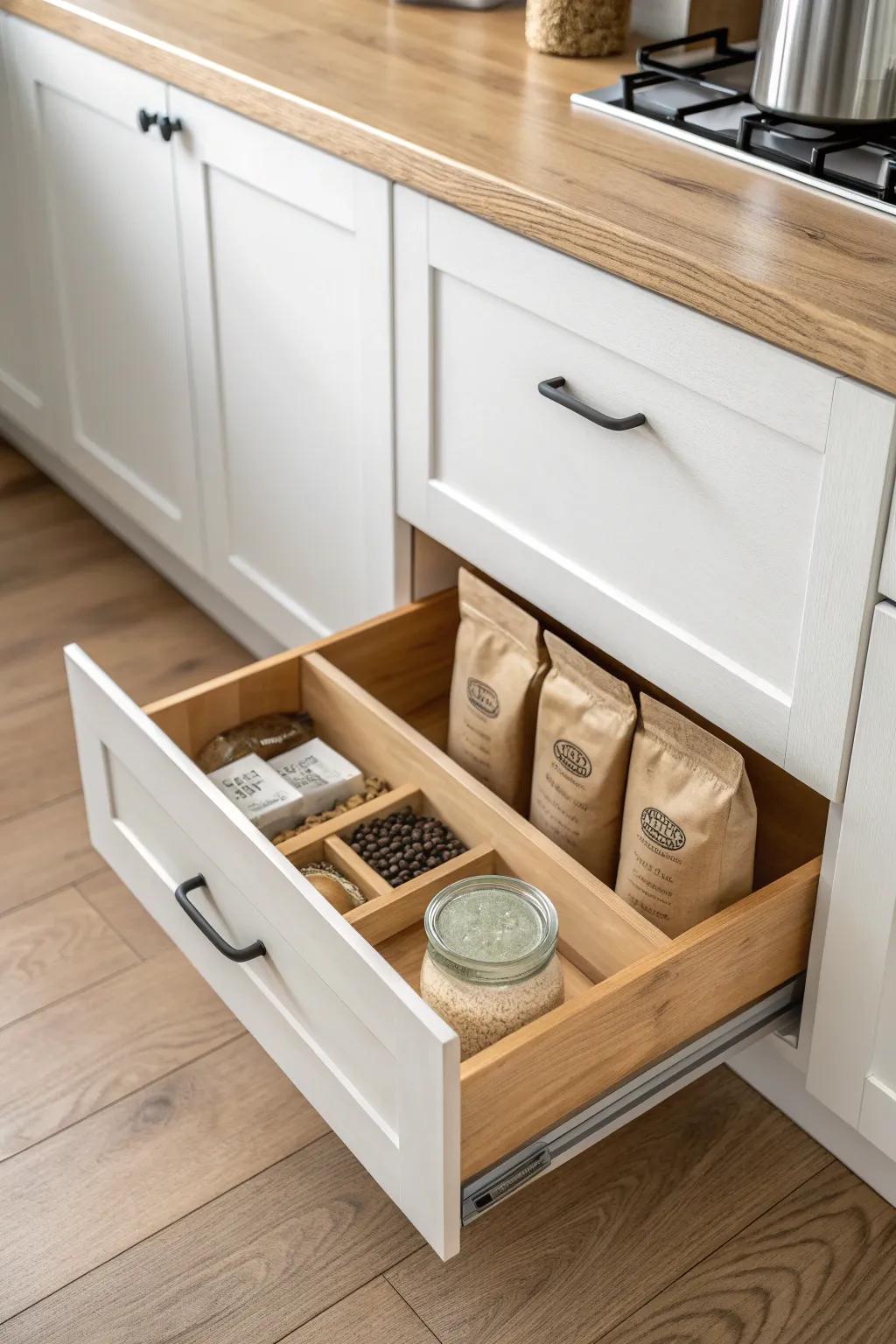 A hidden toe-kick drawer keeps extra coffee bags and pods tucked away—minimal and genius.