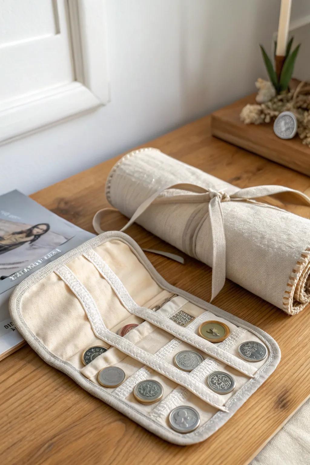 A jewelry roll turns coin sets into padded, grab-and-go storage—perfect for travel and moves.