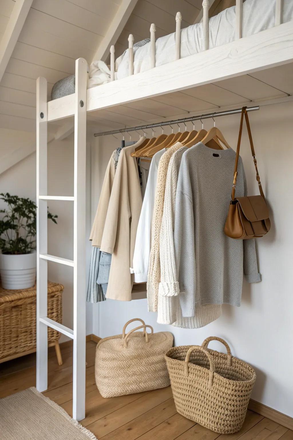 Turn the space under your loft into a chic second closet rod for a simple capsule wardrobe.