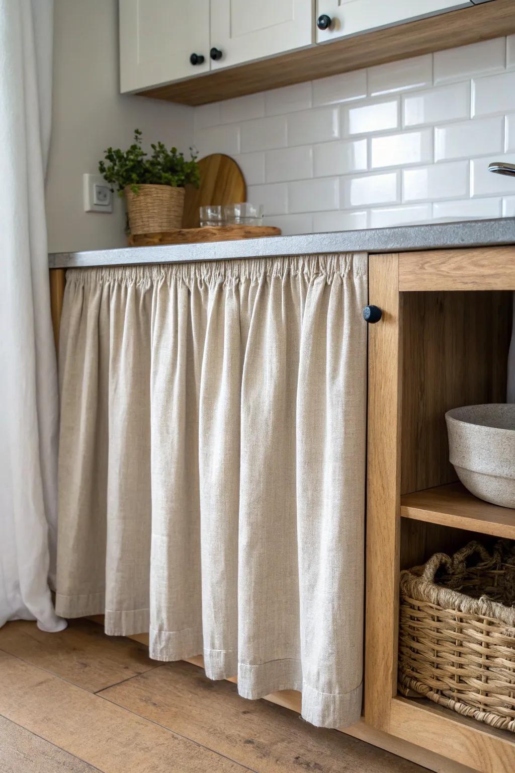 Swap cabinet doors for a linen skirt—softer, lighter, and easier to grab storage fast.