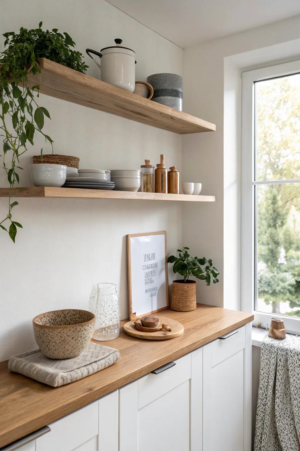 One slim open shelf adds breathing room—pretty, practical styling for a small condo kitchen.
