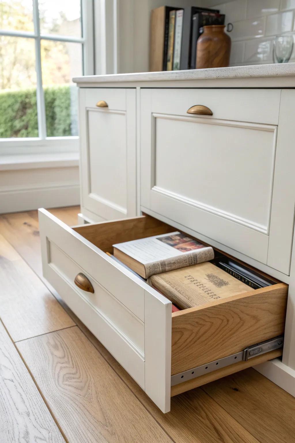 A hidden toe-kick drawer keeps your ‘sometimes’ cookbooks tucked away—no cabinet space needed.