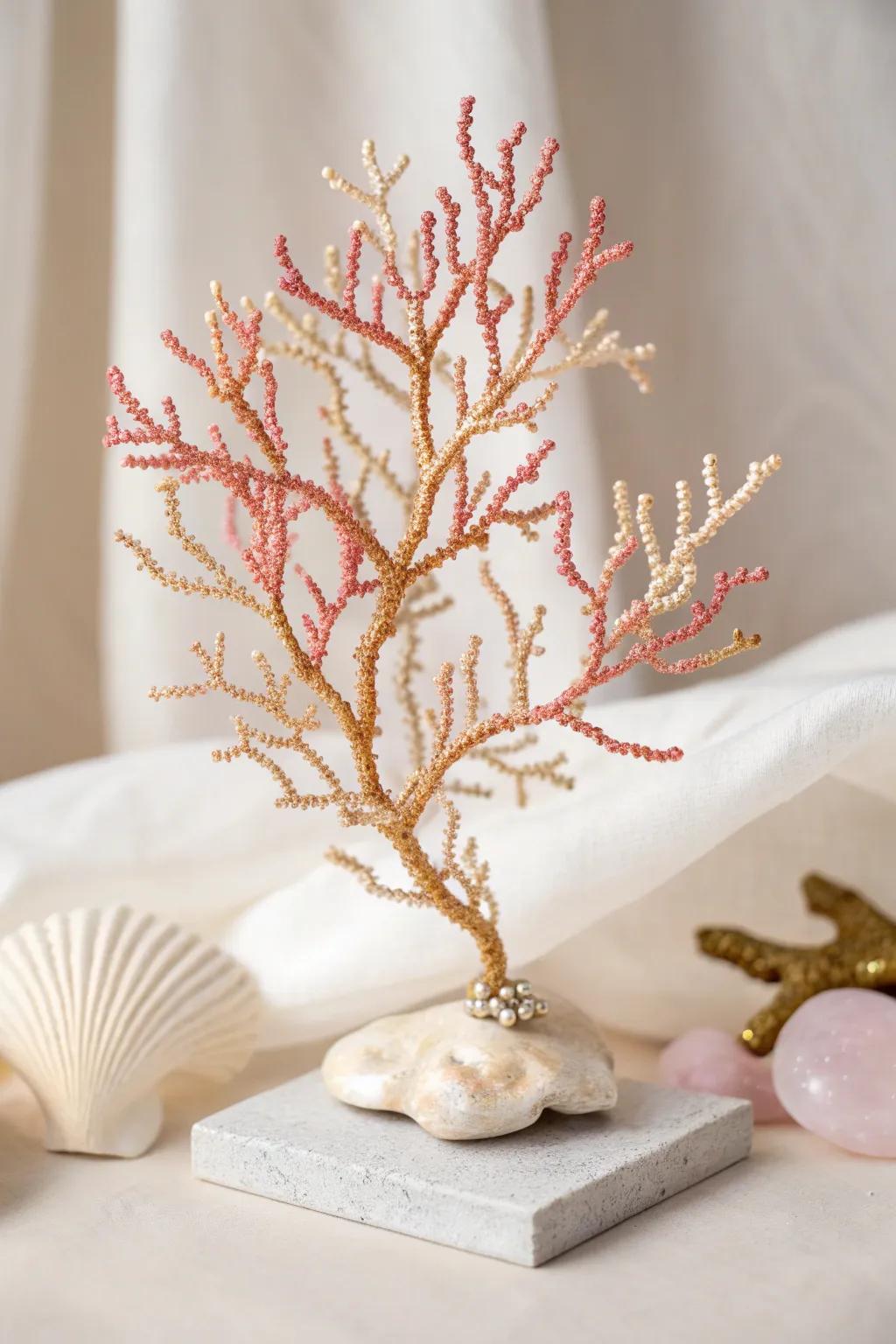 Embrace the delicate beauty of beaded coral branches, where simplicity meets sparkle.