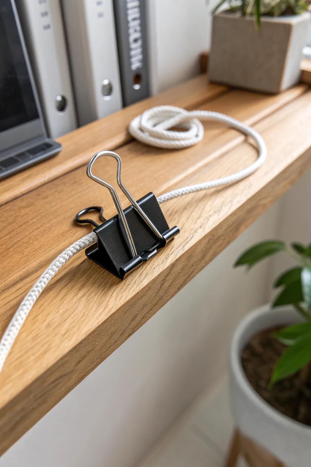 A single binder clip keeps your charger from slipping—minimal, tidy, and budget-friendly.