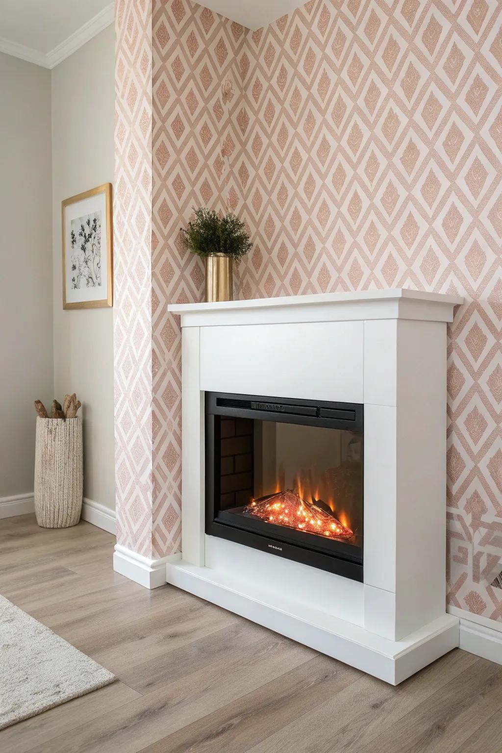 Removable small-scale wallpaper turns a corner electric fireplace into a chic accent wall.