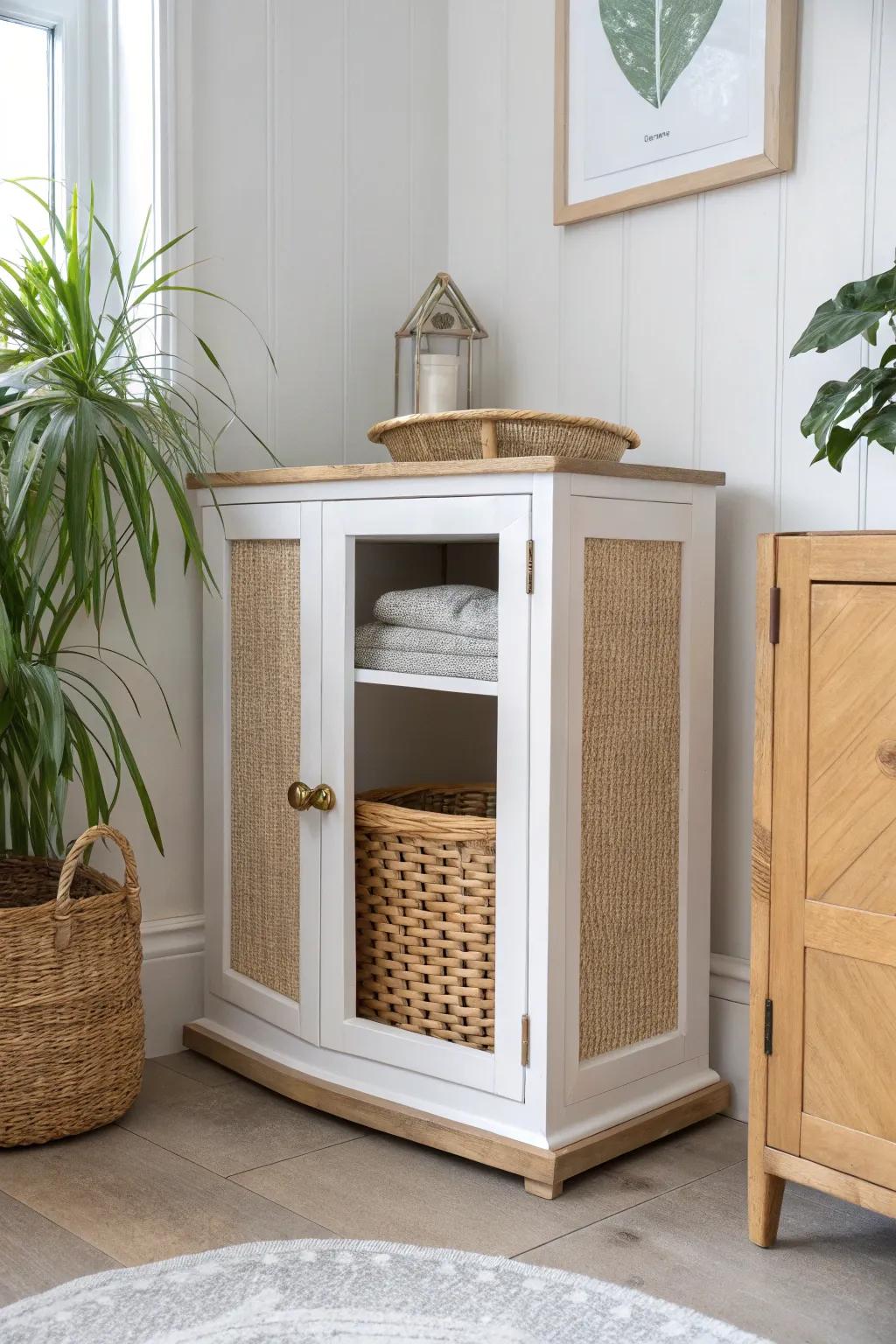 Corner pet station cabinet: hides food bins and turns the feeding area into a calm, tidy nook.
