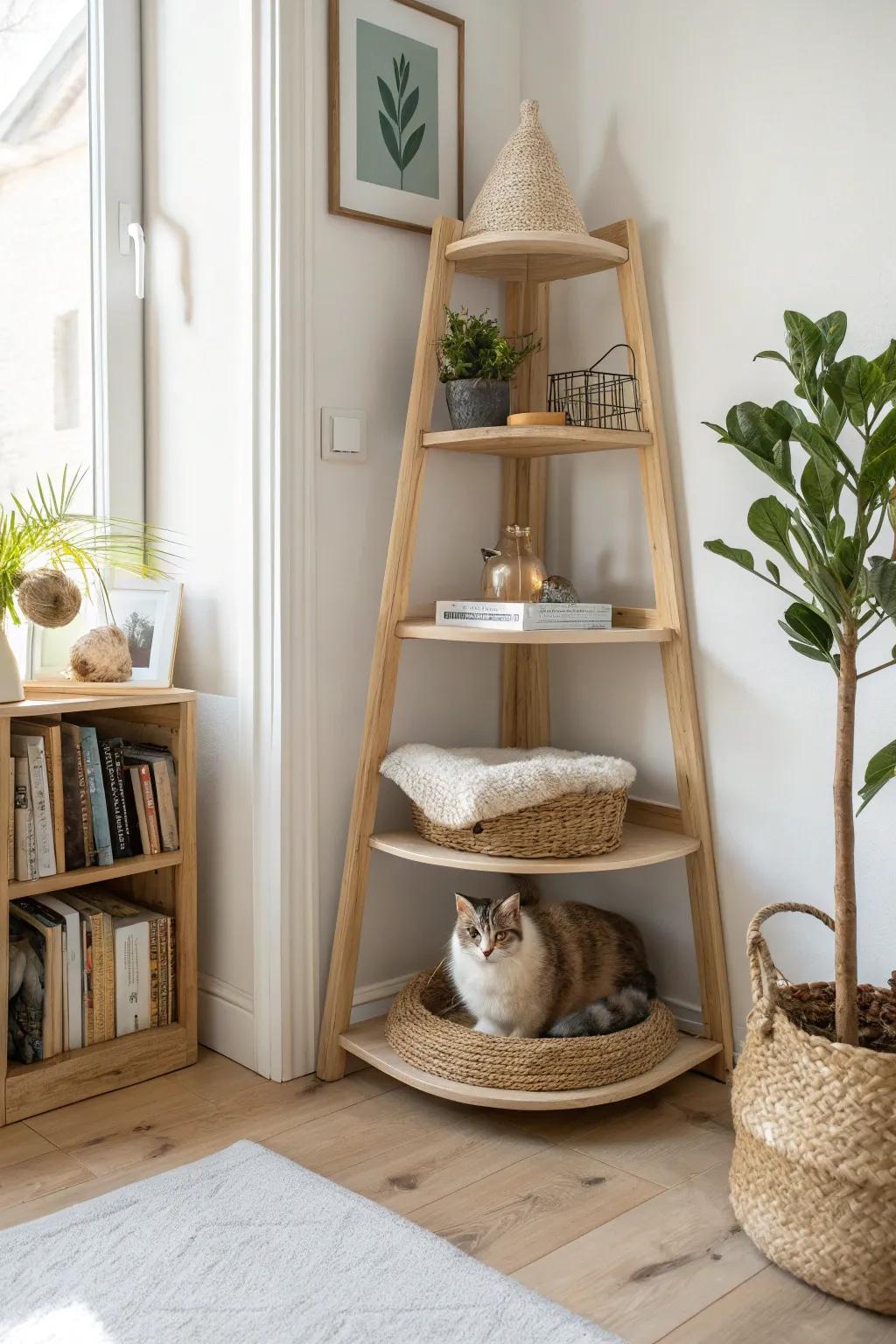A cozy corner shelf that doubles as a chic cat perch—minimal, warm, and space-smart.