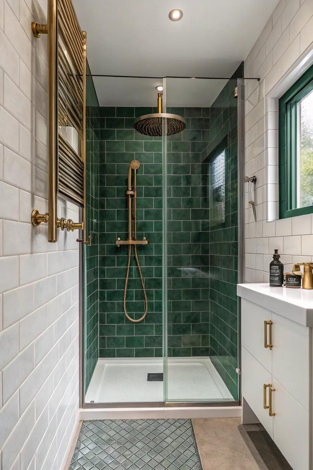 Glossy ceiling tile turns a tiny corner shower into a chic “capsule” moment every morning.