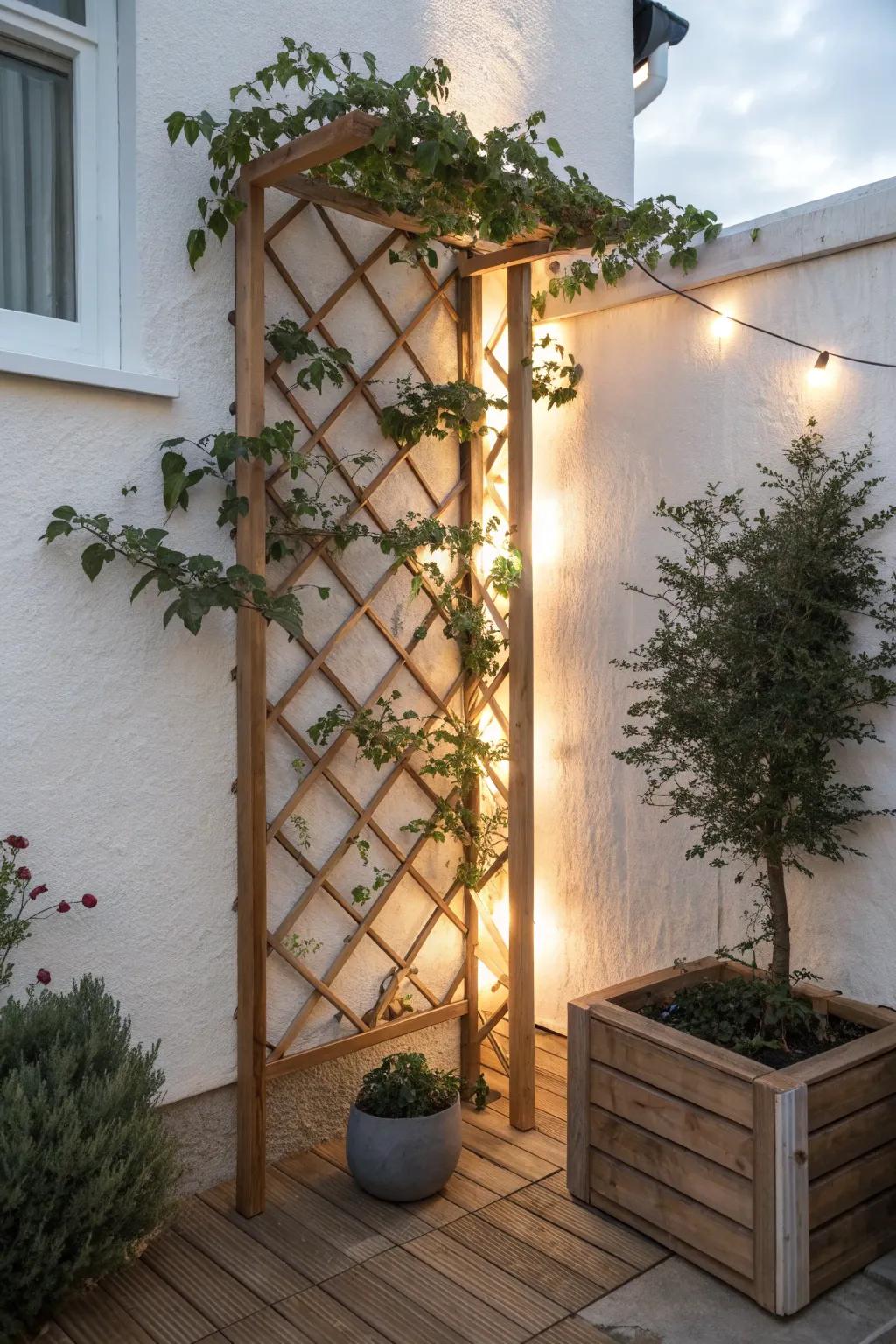 Warm hidden lighting behind a corner trellis makes a tiny patio corner glow like a lounge.