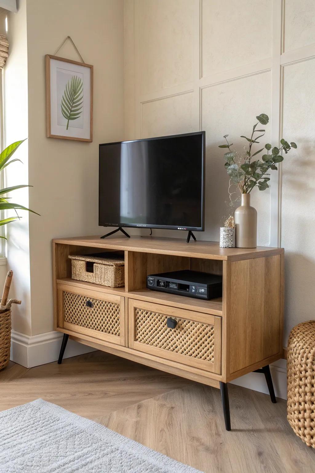 A corner TV divider console that zones a studio beautifully—storage included, clutter excluded.
