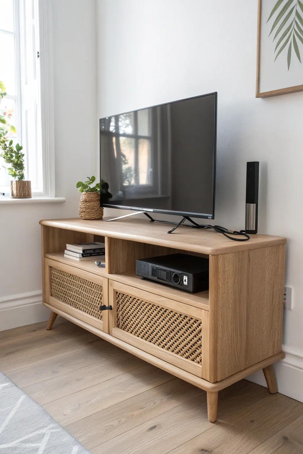 A corner TV shelf with a hidden charging drawer—no cords, just clean Scandi calm.