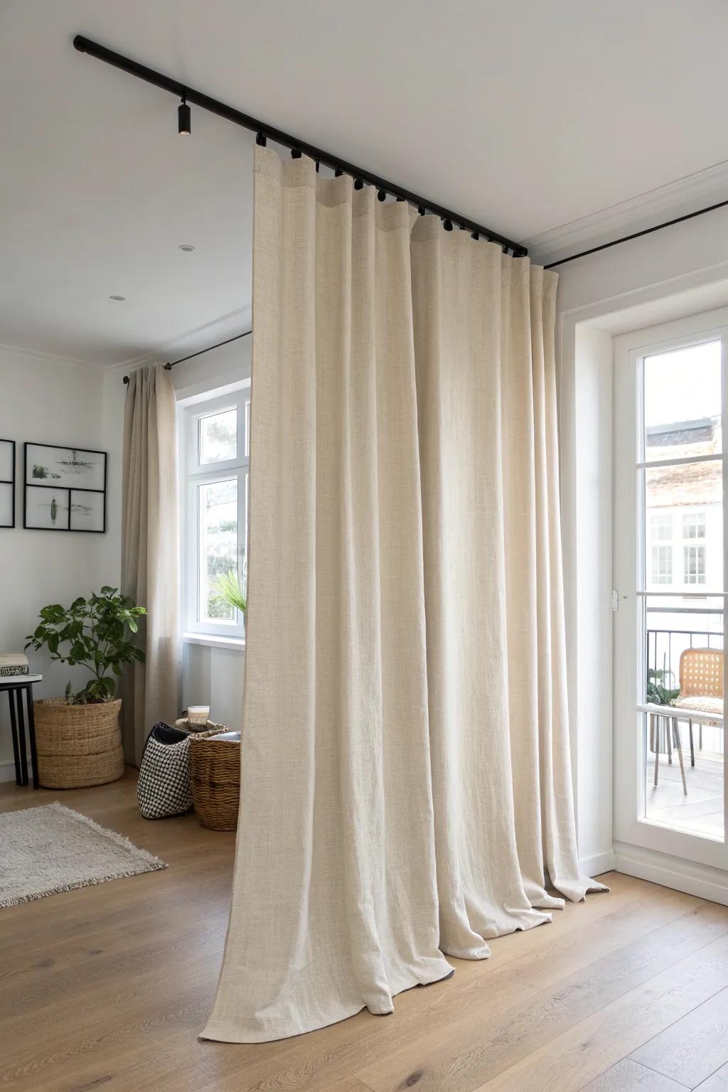 A linen corner curtain that extends past the window to softly divide a tiny desk nook.