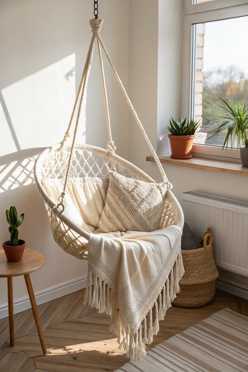 Couchless comfort: a handmade indoor hammock chair that saves floor space in style.