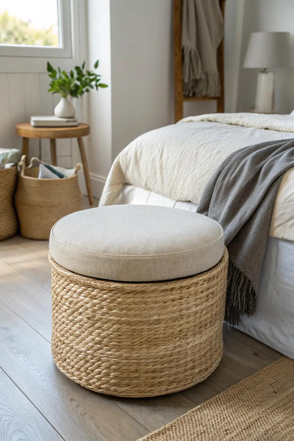 A chic storage ottoman at the bed’s foot adds seating, hides clutter, and boosts cozy vibes.