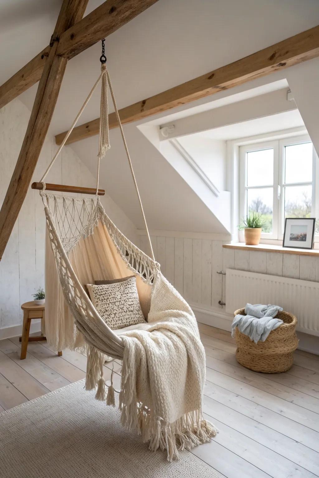 Hang a hammock chair under the ridge beam for a dreamy attic “cloud corner” reading nook.