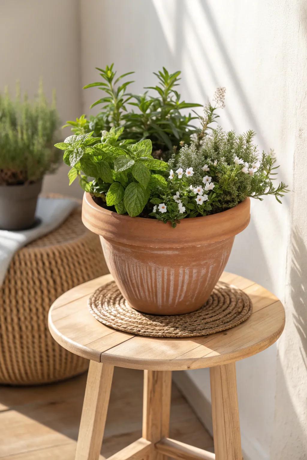 A tiny scented herb corner: mint and rosemary by your chair for instant balcony spa vibes.