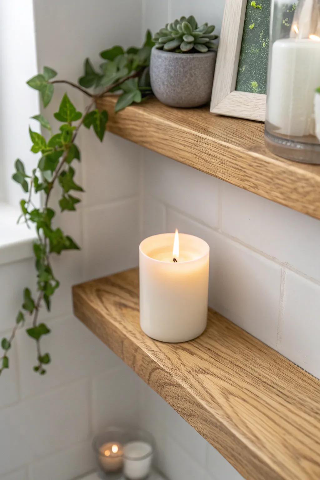 Turn that awkward corner into a calm bath nook with a slim shelf and a candle glow.